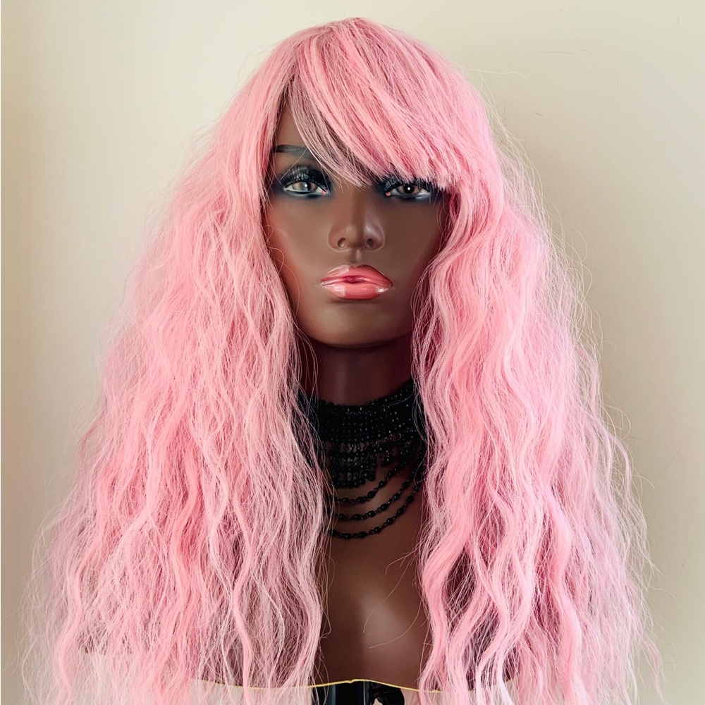 Pink Long Wavy Fringe Wig — Female Fashion Hairpiece